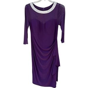 Alex Evenings Illusion Trim 12 Eggplant  Rhinestone‎ Ruched Ruffle Dress Formal